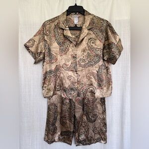 Vintage Linea Donatella Paisley Satin Pajama Set in Beige, Olive, Brown